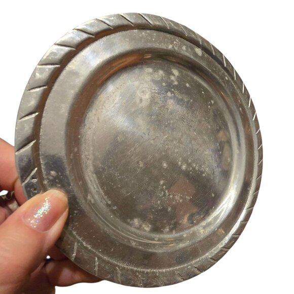 Vintage Mexican Pewter Bread Serving Tray & Round Plate Rope Detail Tile Handles - Picture 6 of 9